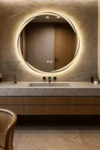 VENETIAN IMAGE PVC Board (Water & Termite Proof) Round Bathroom Mirror Wall Mounted With Backlit LED Light,Lluminated Vanity Mirror,Anti-Fog,3-Color Dimmable (Geometry Pattern,Whirlwind,60 Cm,Silver)
